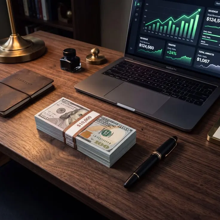 Desk with laptop analytics and cash — website design cost planning