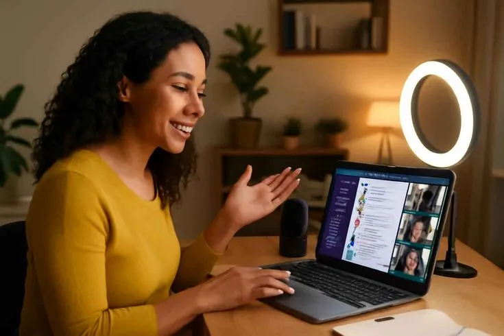 Person using a Talking Website voice assistant on a laptop video call